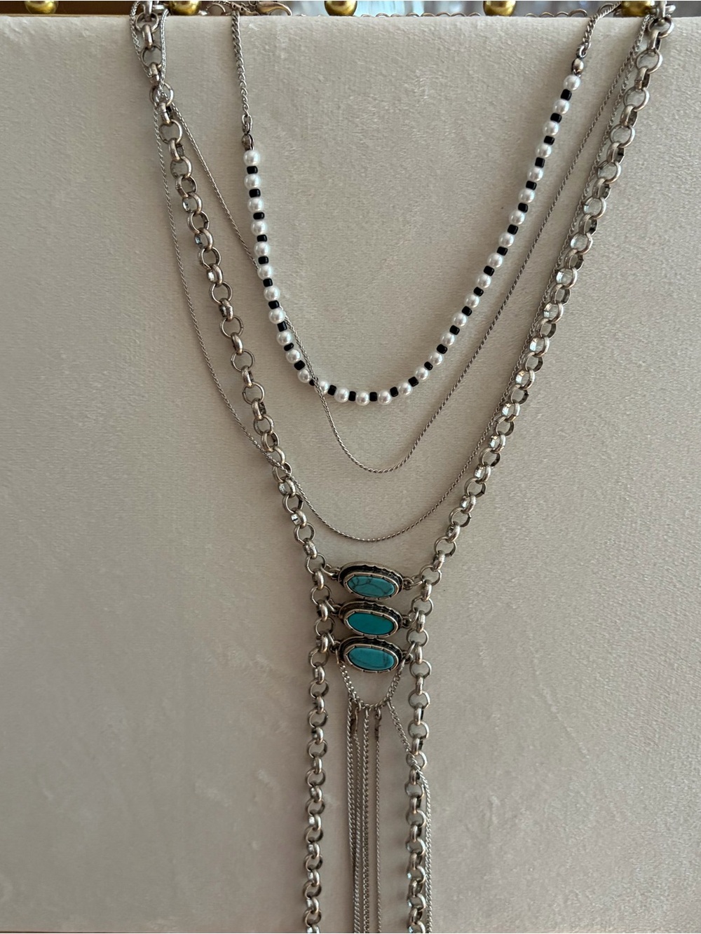 Silver Layered Necklace with Turquoise Accents - Women Jewelry